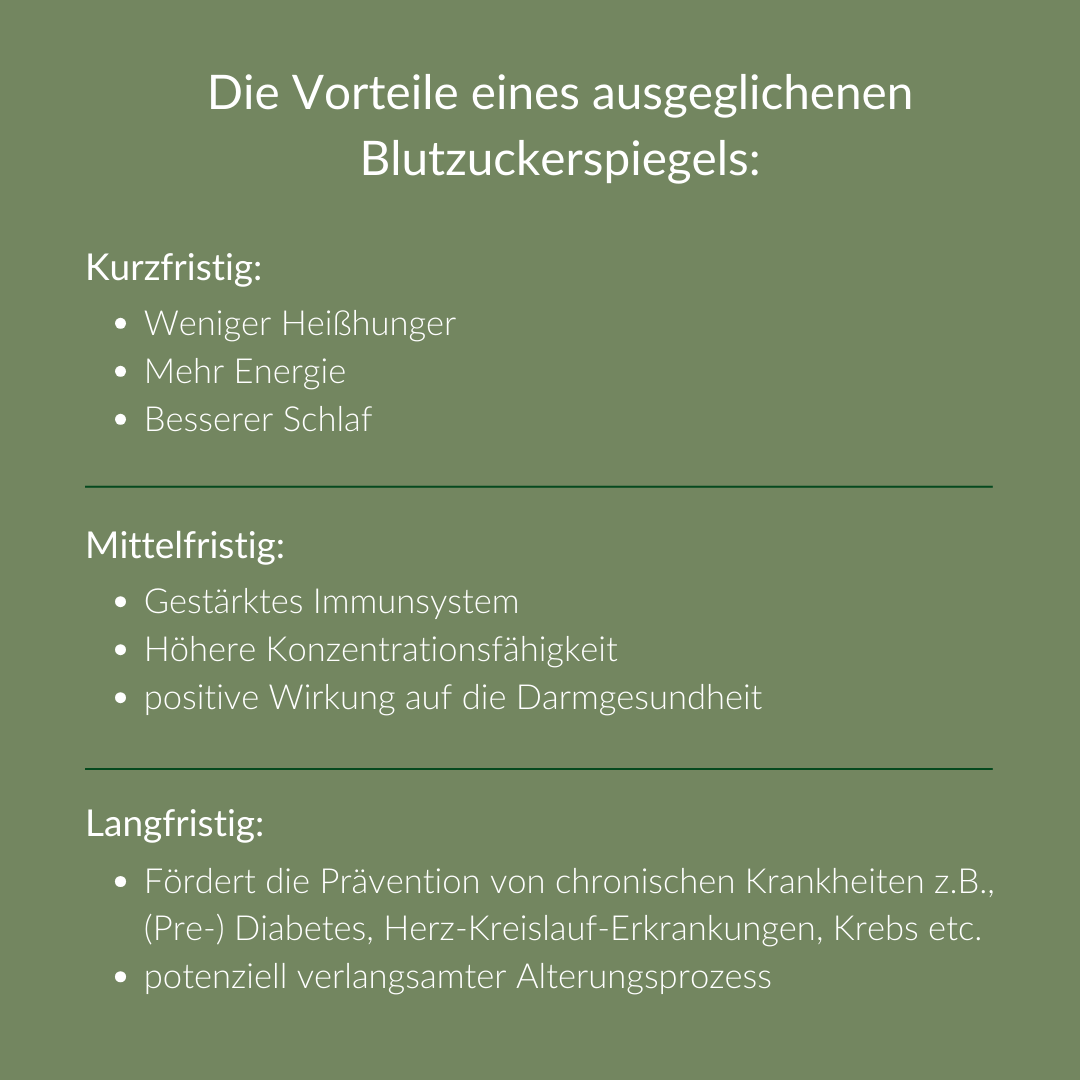 Vorteile eines ausgeglichenen Blutzuckerspiegels auf die körperliche und mentale Gesundheit: Stabiler Energielevel, bessere Konzentration, weniger Heißhunger und unterstützte Fettverbrennung.