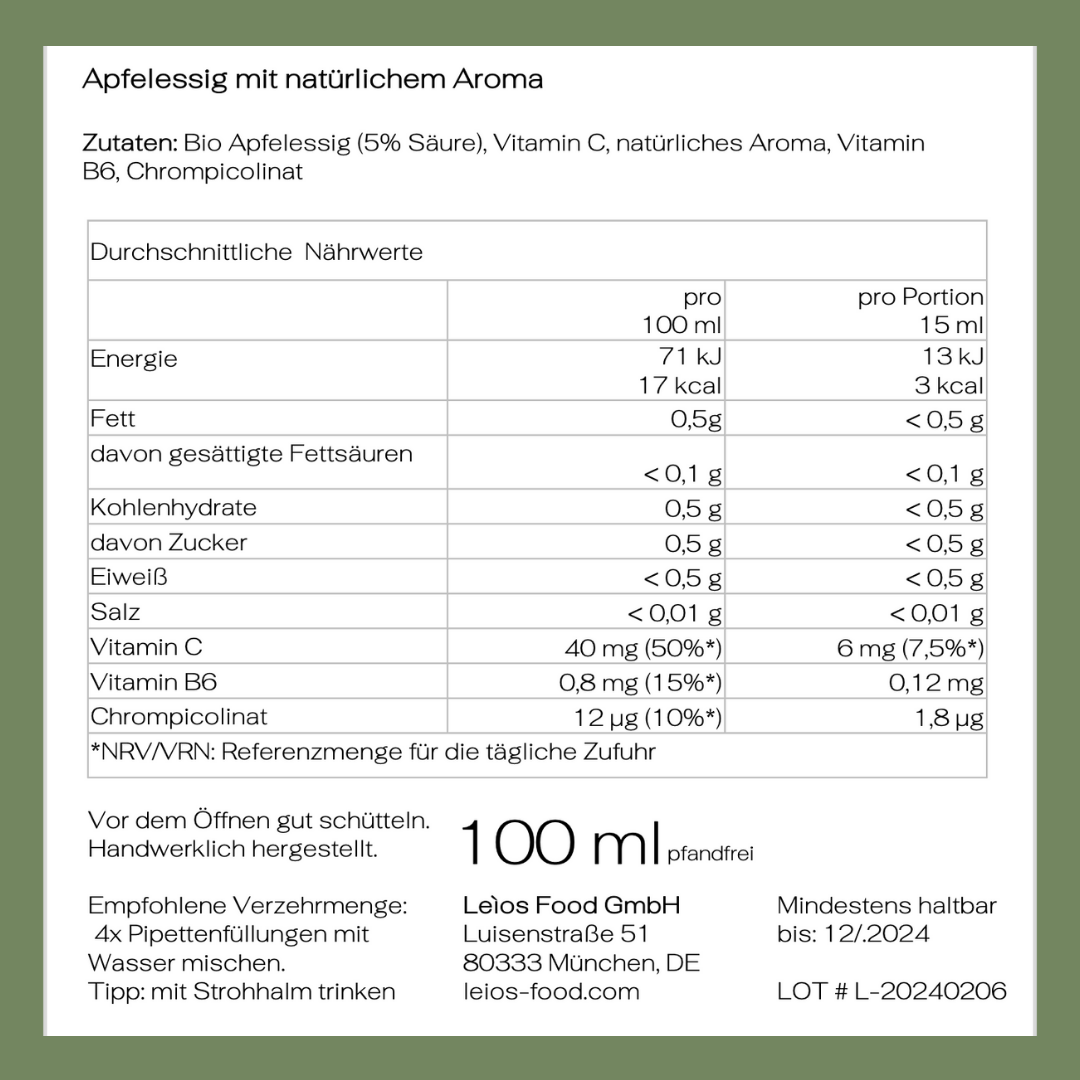 Inhaltsstoffe und Nährwertangaben der blutzuckerstabilisierenden Apfelessig ACV Drops.