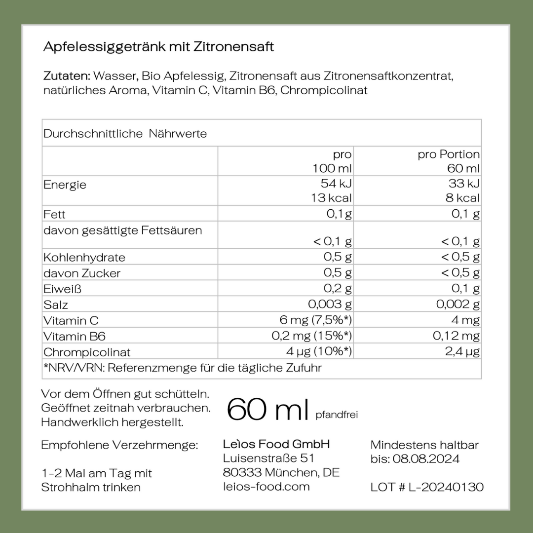 Inhaltsstoffe und Nährwertangaben der blutzuckerstabilisierenden Apfelessig ACV Shots.